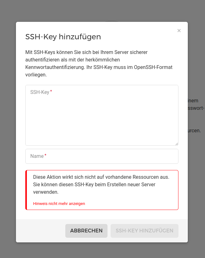 Screenshot: Hinzufügen eines SSH-Schlüssels.