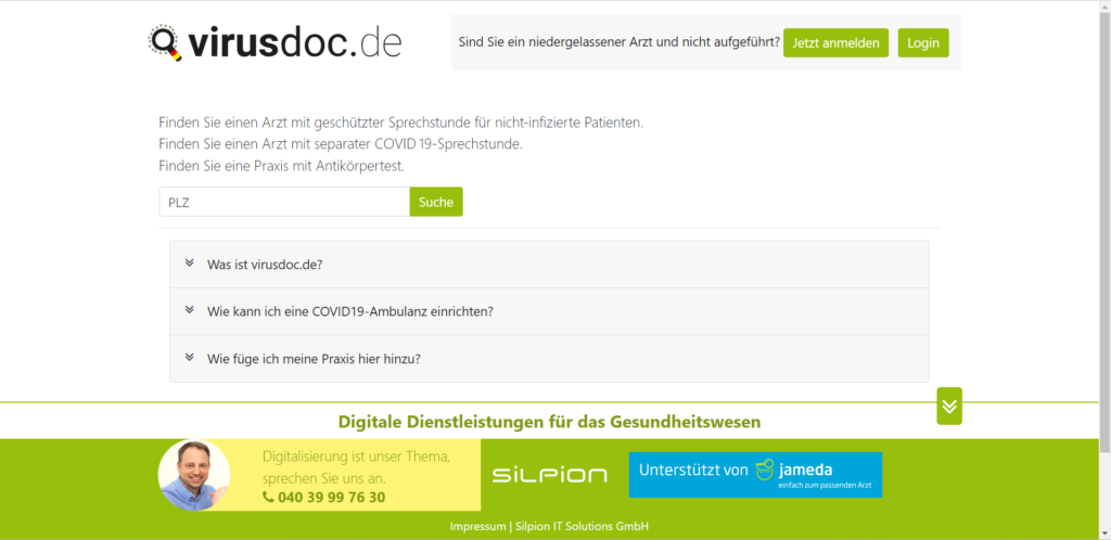 Screenshot von virusdoc.de. Die Plattform kommt mit einer einzigen Seite aus, bei der sie alle Informationen kompakt und verständlich darstellt.