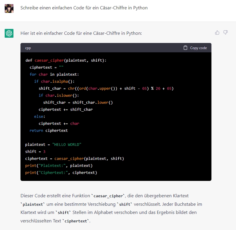 Screenshot: Code eines Cäsar-Chiffre, gecodet von ChatGPT.