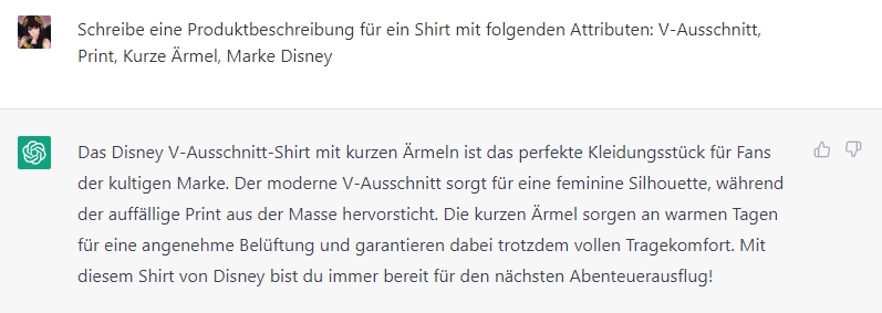 Screenshot: Produktbeschreibung eines T-Shirt, von ChatGPT geschrieben.