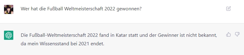 Sreenshot: ChatGPT kennt das Ergebnis der WM 2022 nicht.
