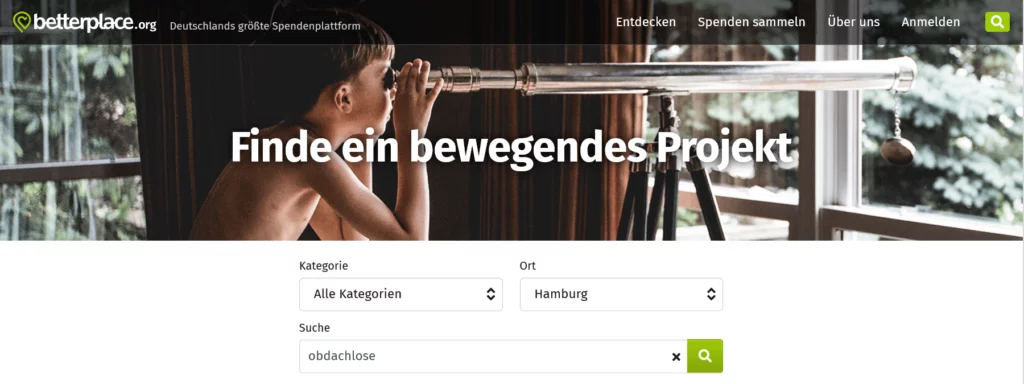 Screenshot von betterplace.org mit der Suche „Finde ein bewegendes Projekt“