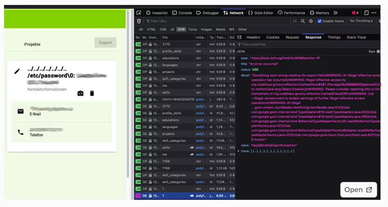 Screenshot der Browser-Entwicklertools mit offengelegtem Stacktrace in einer Webanwendung