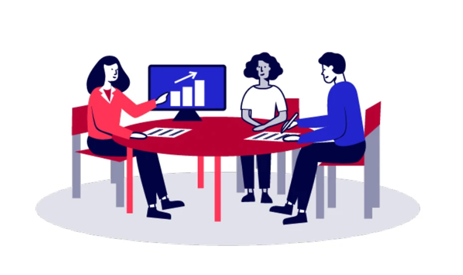 Illustration: Team arbeitet gemeinsam an einem Tisch mit Monitor