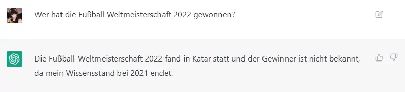 Sreenshot: ChatGPT kennt das Ergebnis der WM 2022 nicht.